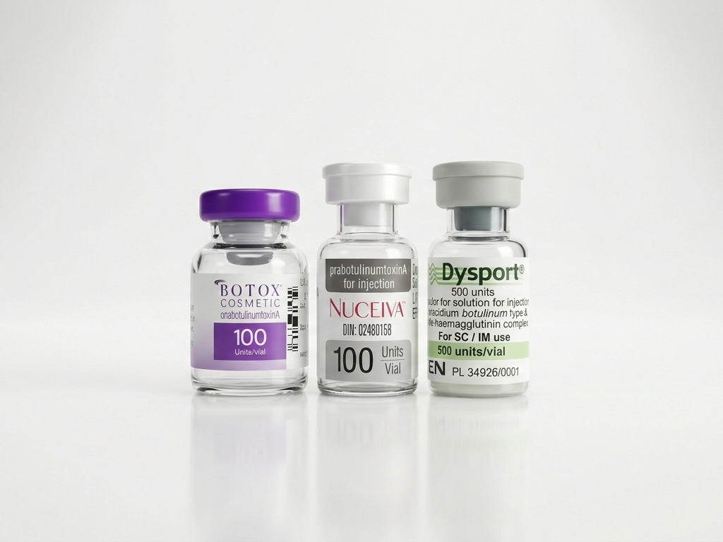 Three vials of botulinum toxin products: Botox (purple cap), Nuceiva (white cap), and Dysport (grey cap), side-by-side.