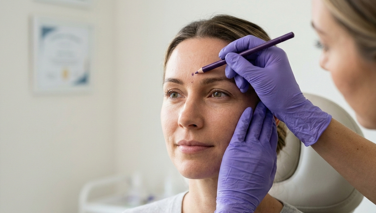 Clinician in purple gloves marking a relaxed patient's forehead with a cosmetic pencil for a botox treatment.