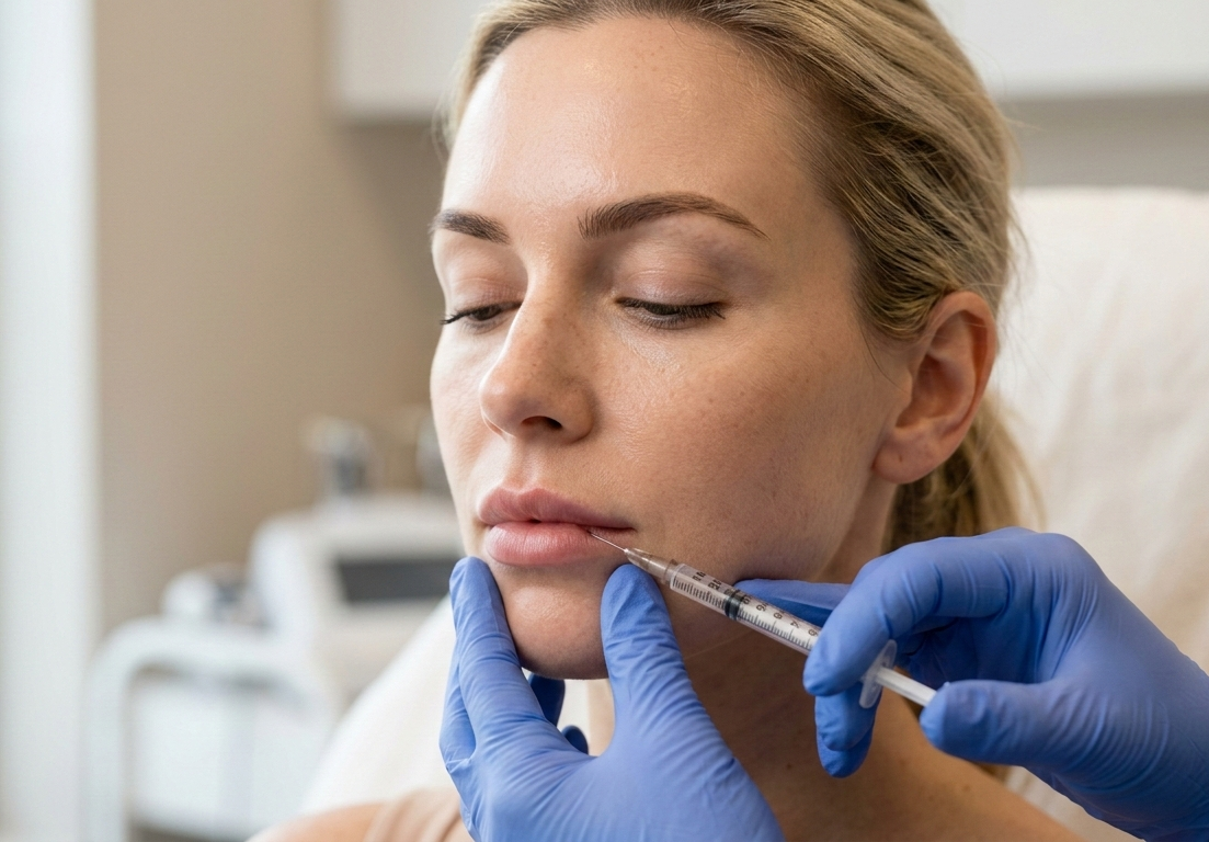 Close-up of a professional Botox lip treatment on a calm patient in a bright, modern medical aesthetic clinic.